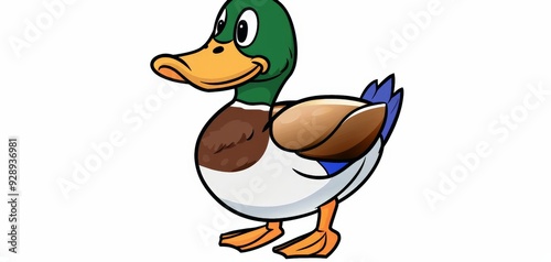 Smiling Cartoon Duck in Side Profile with Brown Wing and Orange Feet on White Background photo