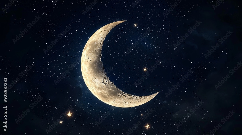 Crescent Moon with Twinkling Stars in Night Sky Crescent Moon with Twinkling Stars in Night Sky
