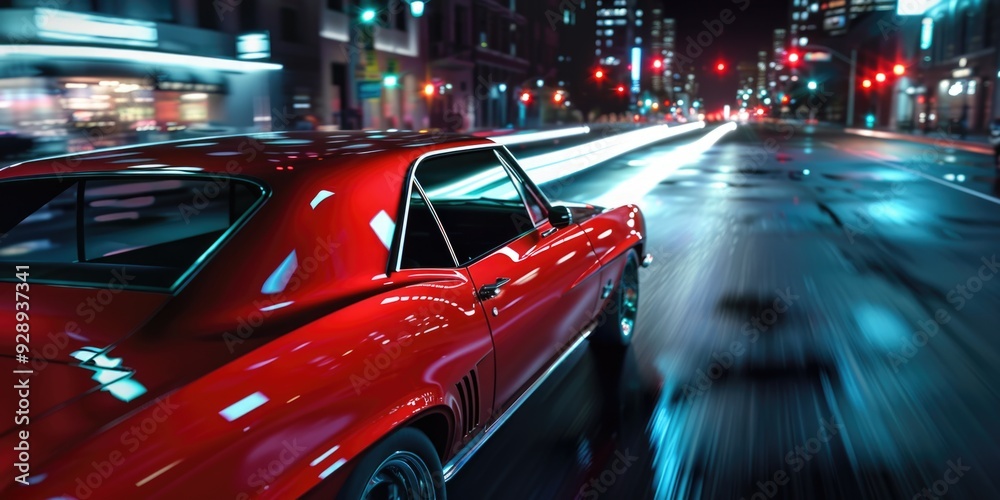 Red Car Driving Down City Street At Night