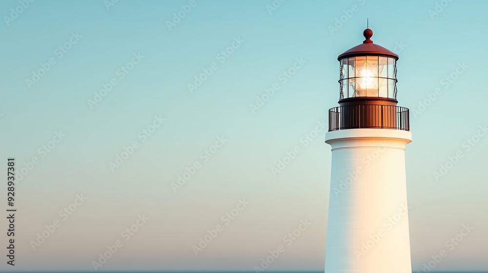 White lighthouse with red lantern against a blue sky White lighthouse with red lantern against a blue sky