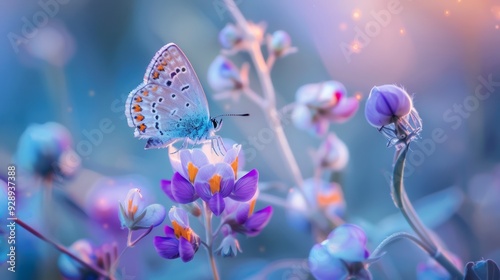 Beautiful wild flowers chamomile, purple wild peas, butterfly in morning haze in nature close-up macro. Landscape wide format, copy space, cool blue tones.