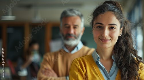 Young Hispanic school teacher smiles confidently, standing in classroom with supportive male coworker in background, fostering positive learning environment, collaboration in education sector.