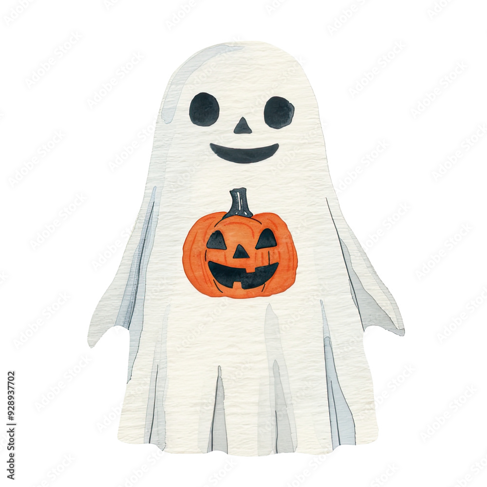 A friendly ghost in a white sheet, featuring a smiling Jack-o'-Lantern pumpkin on its chest for Halloween fun. A friendly ghost in a white sheet, featuring a smiling Jack-o'-Lantern pumpkin on its chest for Halloween fun.