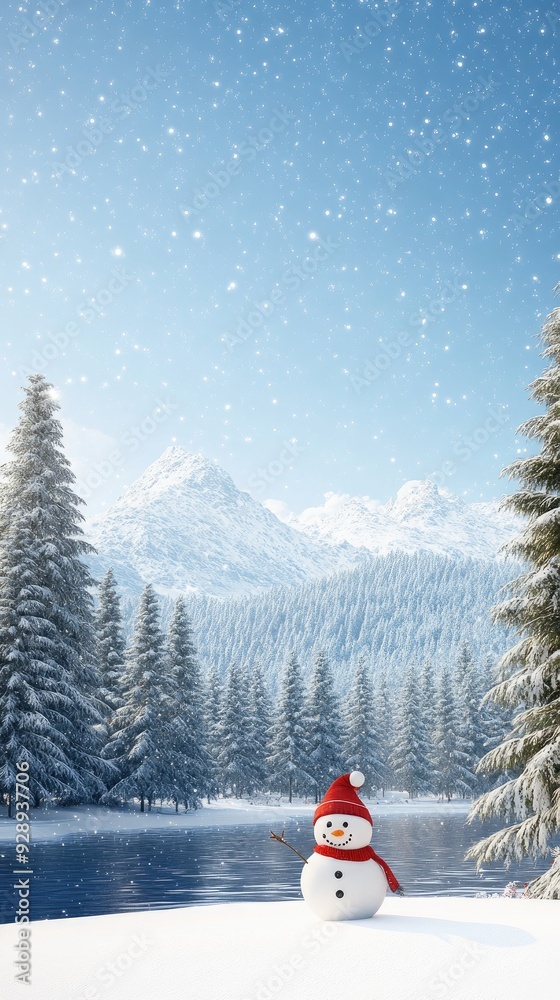 Fototapeta premium Magical winter night with a cheerful snowman by the icy lake surrounded by twinkling lights and pine trees