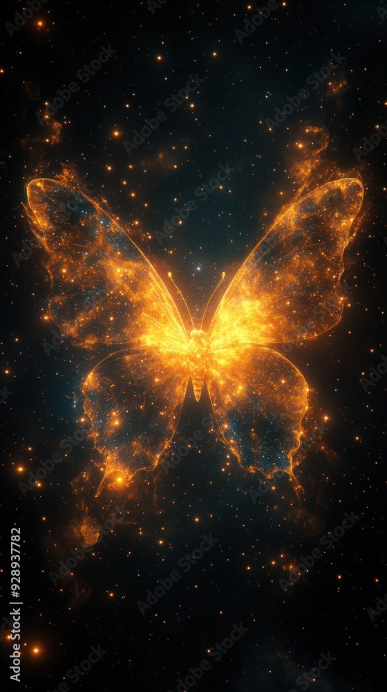 Golden stars Butterfly floating in deep space expanse Golden stars Butterfly floating in deep space expanse