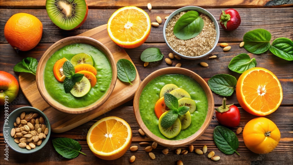 Freshly squeezed orange juice and green smoothie bowls with spinach, banana, and kiwi, surrounded by sliced fruits and healthy snacks on a wooden table. Freshly squeezed orange juice and green smoothie bowls with spinach, banana, and kiwi, surrounded by sliced fruits and healthy snacks on a wooden table.