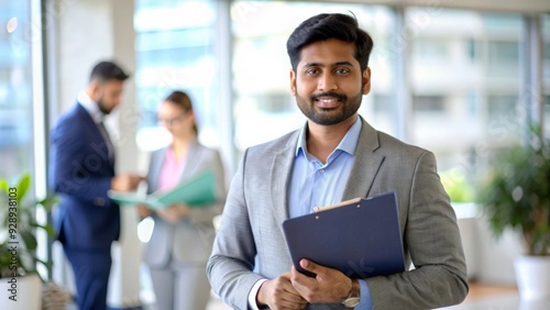 An Indian insurance specialist holding a policy binder, ready to discuss coverage options. 