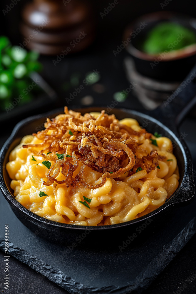 Cheese spaetzle (Käse Spätzle) with crispy fried onions in a cast iron pan Cheese spaetzle (Käse Spätzle) with crispy fried onions in a cast iron pan