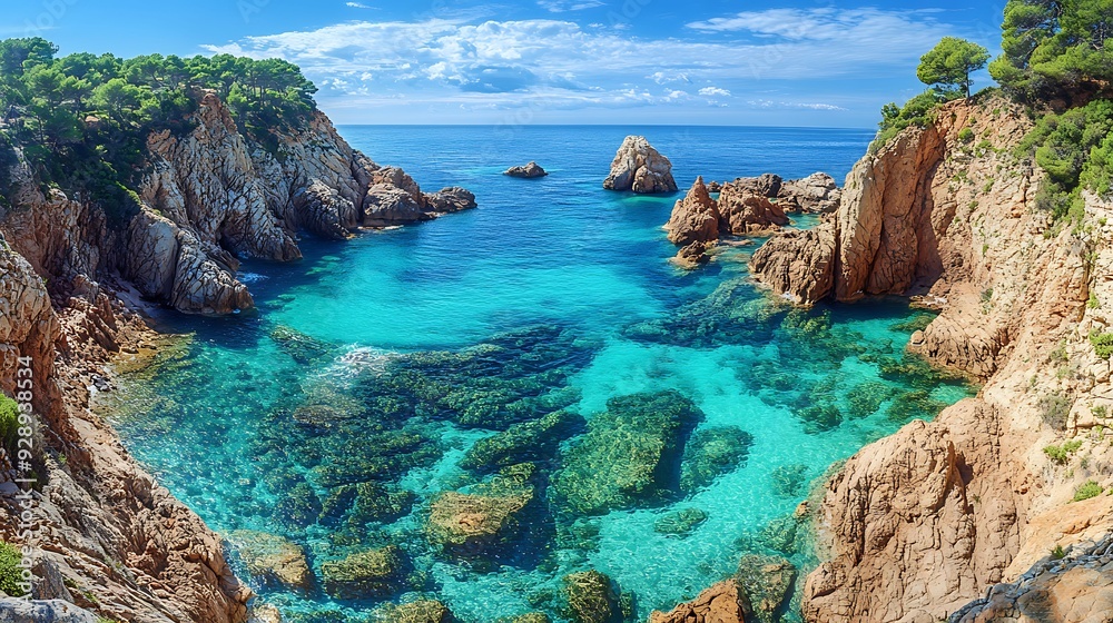 Fototapeta premium A stunning rocky cove with crystal-clear turquoise water surrounded by rugged cliffs and lush greenery under a bright blue sky.
