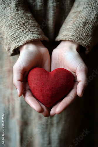 Pair of hands holding a red fabric heart.