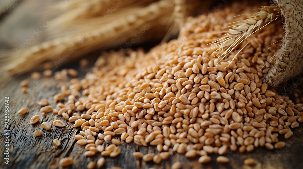 Obraz premium Close-up of wheat grains spilling from a burlap sack onto a rustic wooden surface, highlighting the natural texture and agricultural theme.