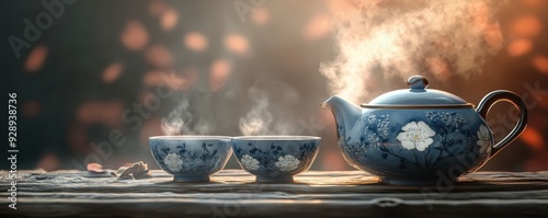 Panel kuchenny z motywem Elegant porcelain teapot with steaming cups of tea in a warm, inviting setting. Perfect for a cozy and calm tea time ambiance.