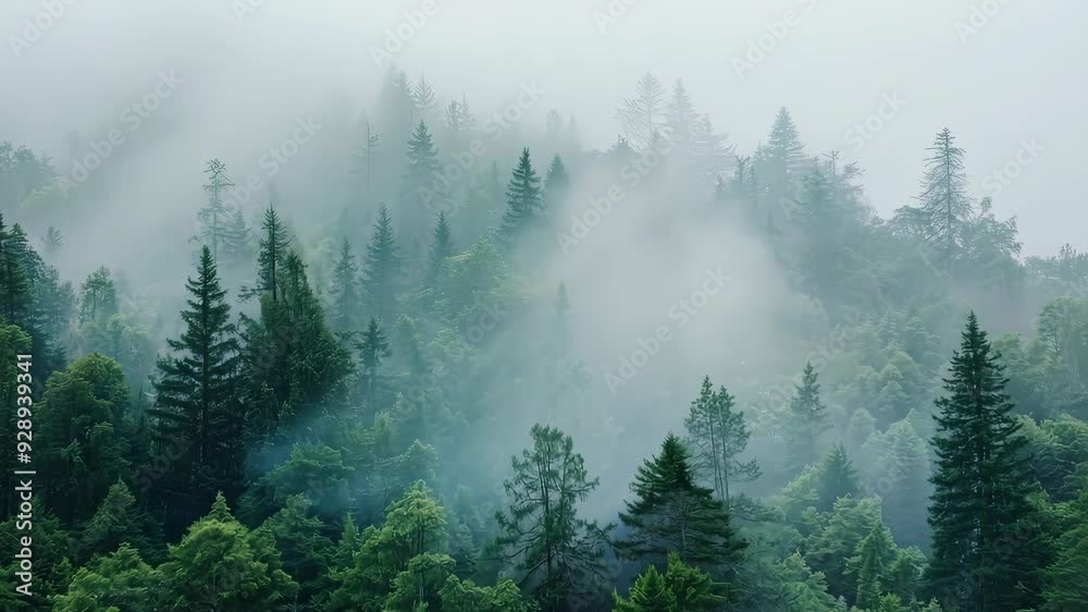 Gentle fog rolling over a tranquil evergreen forest