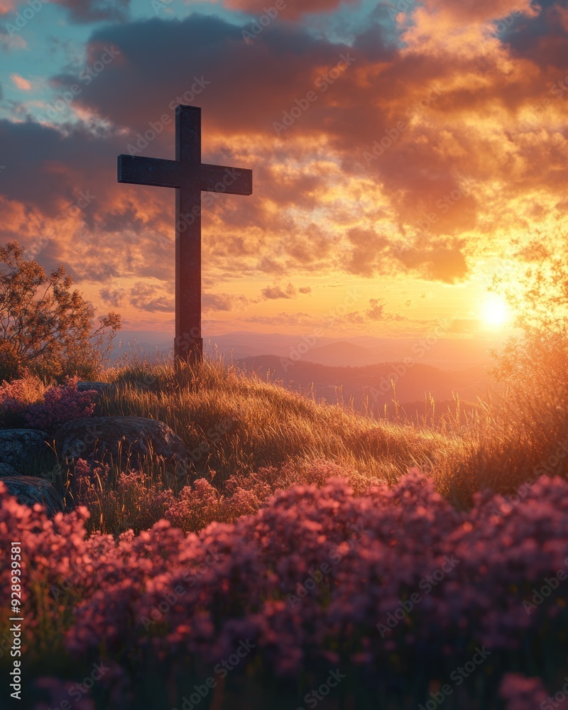 Cross on a hill with vibrant sunset and flower field Cross on a hill with vibrant sunset and flower field
