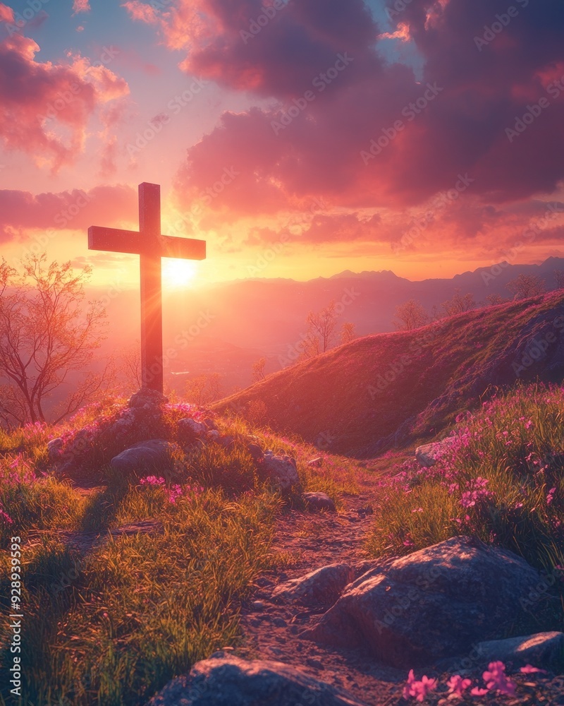 Sunset over hill with cross silhouetted in foreground Sunset over hill with cross silhouetted in foreground