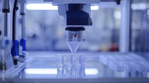 A high-tech device dispenses liquid into small containers in a laboratory setting photo