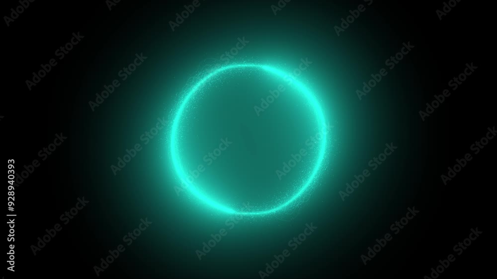 Cyan glowing particles element rotating in circular motion on black background, element for intro , logo reveal , video opener
