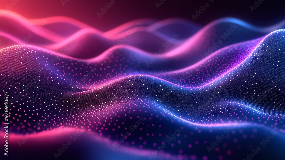 Fototapeta premium Background with pink and blue glowing neon lines. Transfer concept. Digital wallpaper, AI generated.