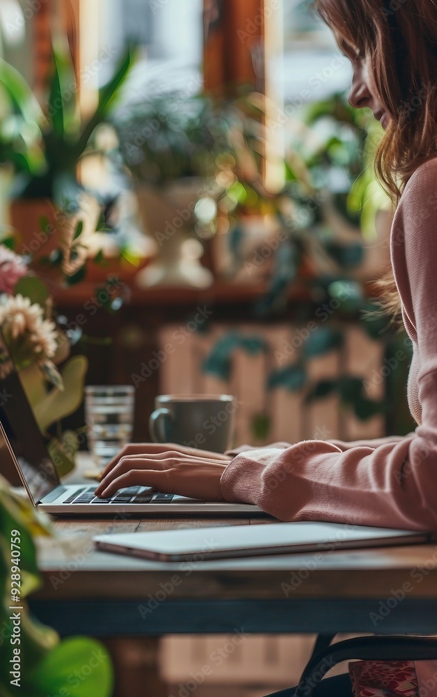 Woman working on laptop in home office Woman working on laptop in home office
