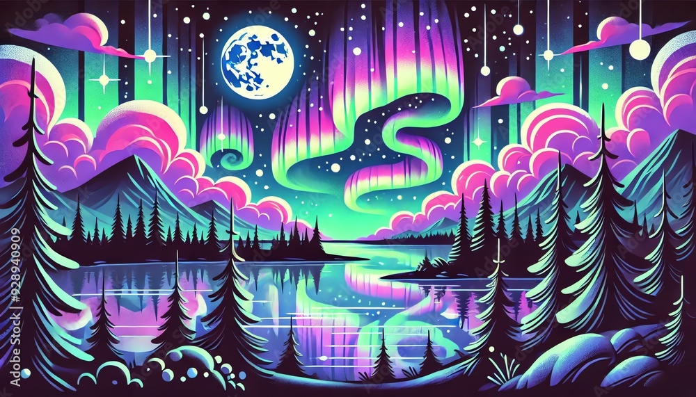 Obraz premium An illustration of a night sky filled with an aurora borealis