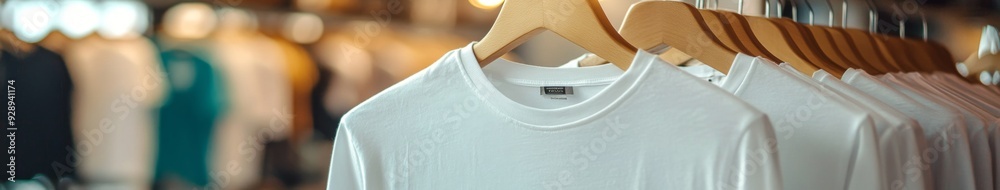 Elevated Minimalism: White T-Shirts on Retail Hangers, Brand Identity and the Essence of Modern Retail Space in Fashion,Product display, e-commerce advertising, e-commerce posters, Product Close-up Elevated Minimalism: White T-Shirts on Retail Hangers, Brand Identity and the Essence of Modern Retail Space in Fashion,Product display, e-commerce advertising, e-commerce posters, Product Close-up