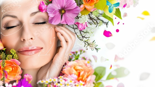 Womans Face Framed by Flowers A CloseUp Perspective with SkinMapping Lines and a Soft Focus Background photo