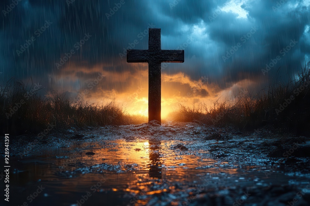 silhouette of holy cross against dramatic stormy sky rays of light breaking through dark clouds symbolic representation of hope and faith silhouette of holy cross against dramatic stormy sky rays of light breaking through dark clouds symbolic representation of hope and faith