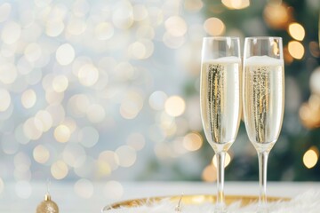 Festive Champagne Toast with Golden Bokeh Lights for Celebratory Occasion