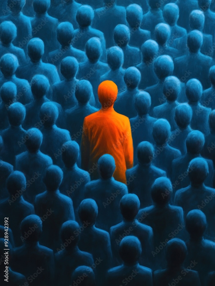 Obraz premium Vivid orange figure prominently in blue crowd