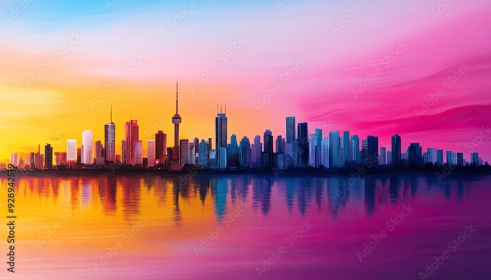 Vibrant skyline at sunset with colorful reflections on water, showcasing urban beauty and tranquility. Vibrant skyline at sunset with colorful reflections on water, showcasing urban beauty and tranquility.