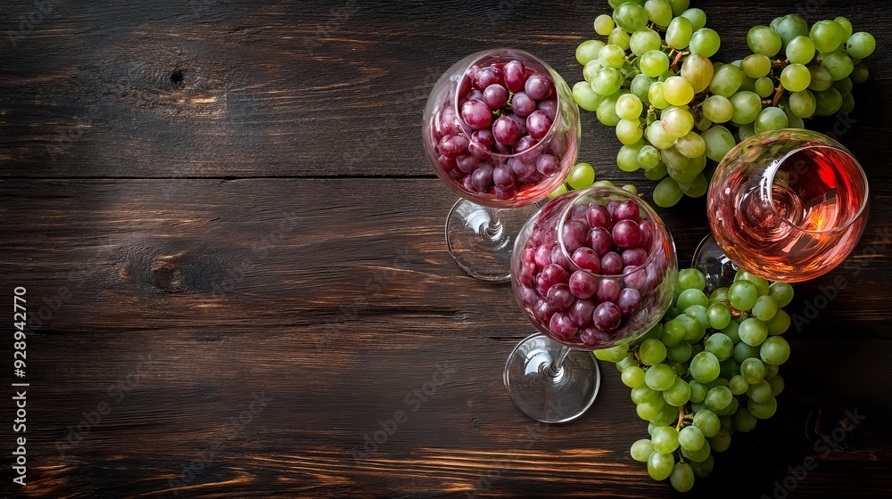 Wineglasses with grapes on wooden surface. Wineglasses with grapes on wooden surface.