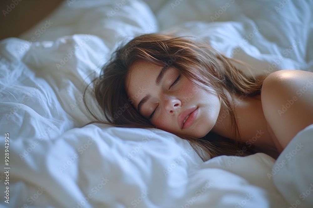 Woman Enjoying Restful Sleep on White Bedding Woman Enjoying Restful Sleep on White Bedding