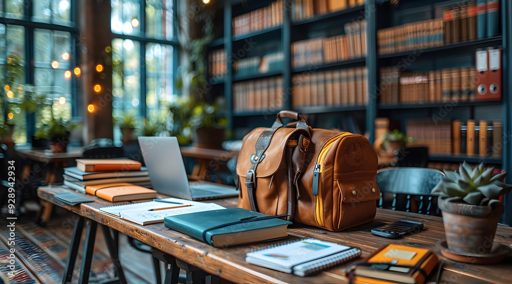 Leather Bag on Wooden Table with Books and Notebook - Photo Leather Bag on Wooden Table with Books and Notebook - Photo