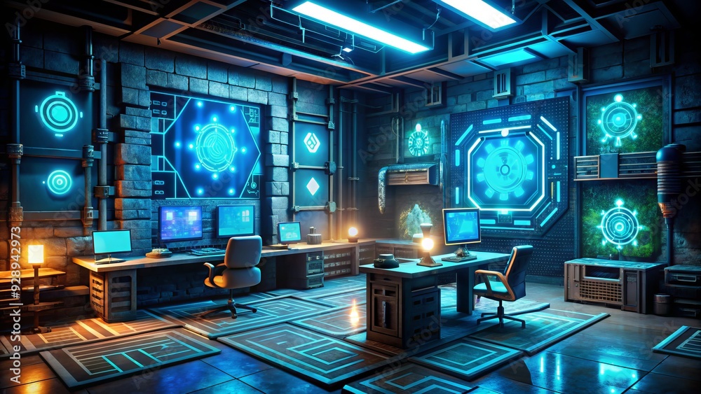 Futuristic dimly lit room with cryptic symbols, flickering computer screens, and eerie ambiance, challenging adventurers to crack the code and break free from confinement. Futuristic dimly lit room with cryptic symbols, flickering computer screens, and eerie ambiance, challenging adventurers to crack the code and break free from confinement.