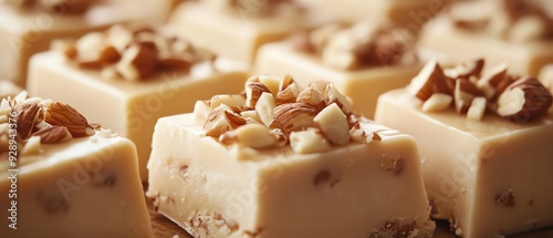 Illustrate a sumptuous close-up view of a velvety smooth vanilla fudge topped with crunchy nuts, showcasing intricate textures and inviting warmth