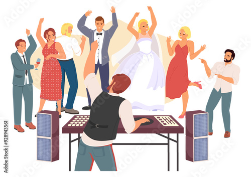 Wedding party celebration with dj mixing music tracks on turntable console vector illustration. Cartoon groom and bride with guests crazy crowd dancing and clubbing together