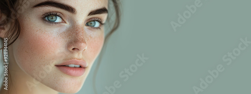  Woman with Radiant Skin and Natural Makeup, Beauty Portrait with copy space