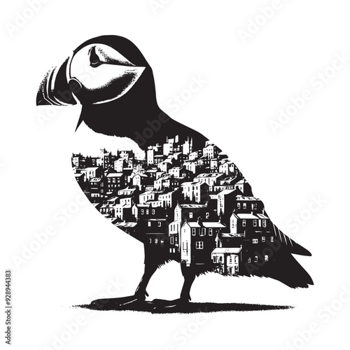 silhouette of Puffin filled with ghetto street in rough drawing