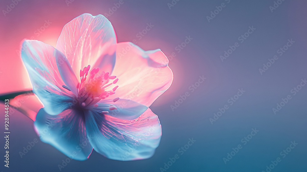   Pink flower on blue-pink backdrop with blurred flower center