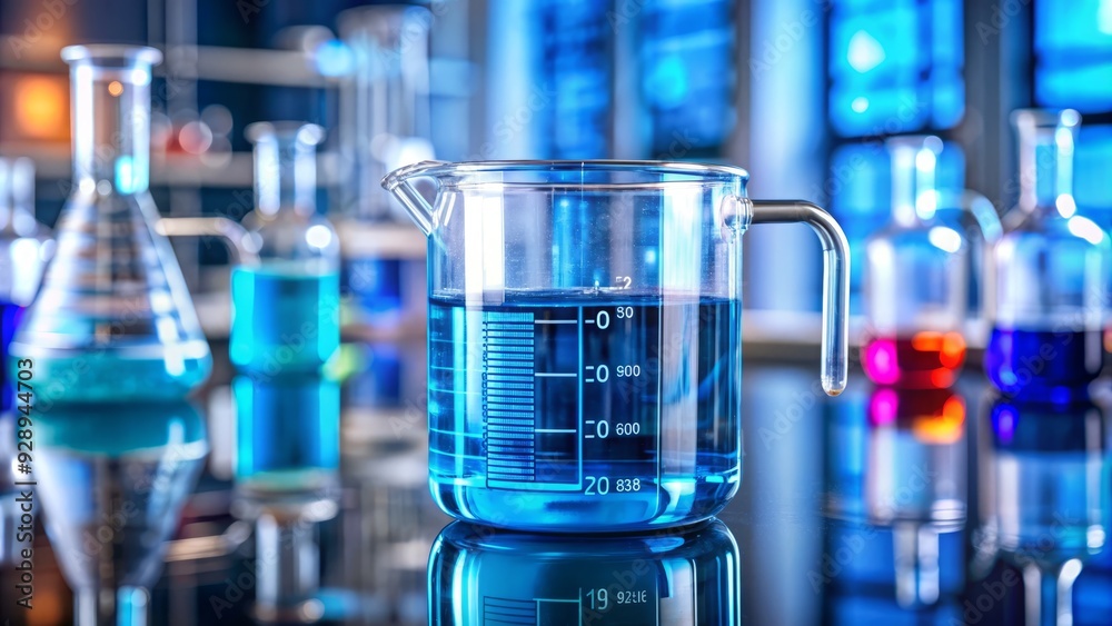 Glass measuring cup with precise markings amidst a blurred laboratory background, filled with a vibrant blue liquid, promoting scientific accuracy and experimentation. Glass measuring cup with precise markings amidst a blurred laboratory background, filled with a vibrant blue liquid, promoting scientific accuracy and experimentation.
