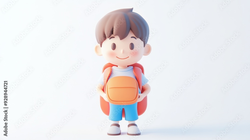 Child with Orange Backpack Standing and Smiling, Studio Lighting, Cartoon Style Child with Orange Backpack Standing and Smiling, Studio Lighting, Cartoon Style