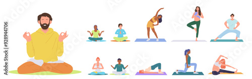 Young people characters practicing martial arts, physical exercise for pregnant yoga and meditation