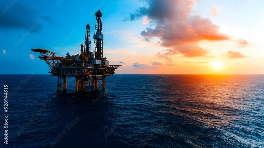 Scenic view of an offshore oil rig under a glowing sunset, with the platform s structure standing tall against the fading light Scenic view of an offshore oil rig under a glowing sunset, with the platform s structure standing tall against the fading light