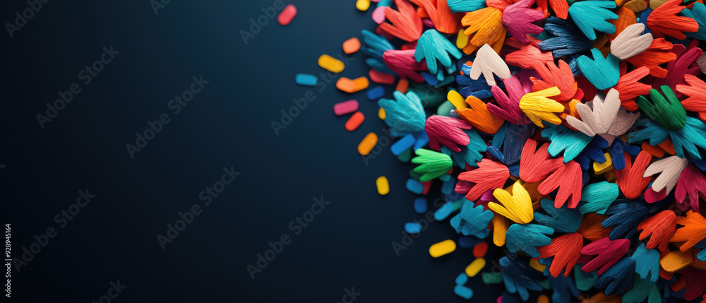 A vibrant collection of colorful hand-shaped objects scattered against a dark background, symbolizing creativity and diversity. A vibrant collection of colorful hand-shaped objects scattered against a dark background, symbolizing creativity and diversity.
