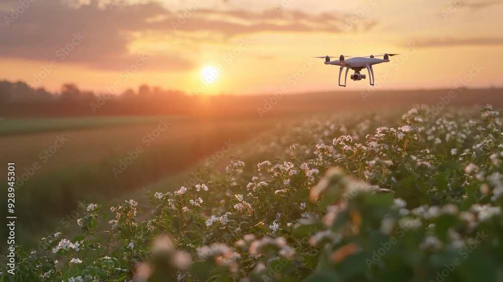 A drone flying over field of flowers during sunset, creating serene and peaceful atmosphere. 