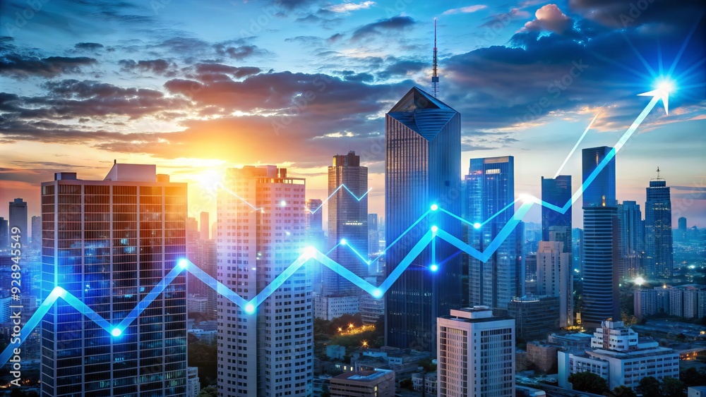 Glowing blue financial graphs and charts rise above a cityscape at sunset, symbolizing growth and economic prosperity in the business world. Glowing blue financial graphs and charts rise above a cityscape at sunset, symbolizing growth and economic prosperity in the business world.