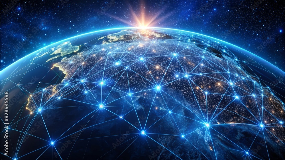 Glowing blue lines and dots illuminate the Earth's surface, symbolizing global connectivity, technology, and unity across continents and oceans at dusk or dawn. Glowing blue lines and dots illuminate the Earth's surface, symbolizing global connectivity, technology, and unity across continents and oceans at dusk or dawn.