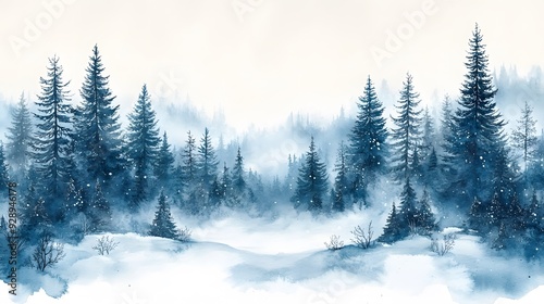 Hand-painted winter background with a snowy forest and delicate snowflakes, ideal for festive holiday season invitations.