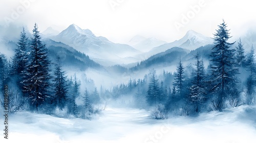 Winter background in watercolor style showcasing a serene snowy landscape, designed for Christmas and New Year invitations.