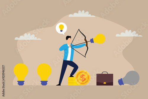 A man aims a bow at light bulbs while standing on stacks of coins 2d flat vector illustrations